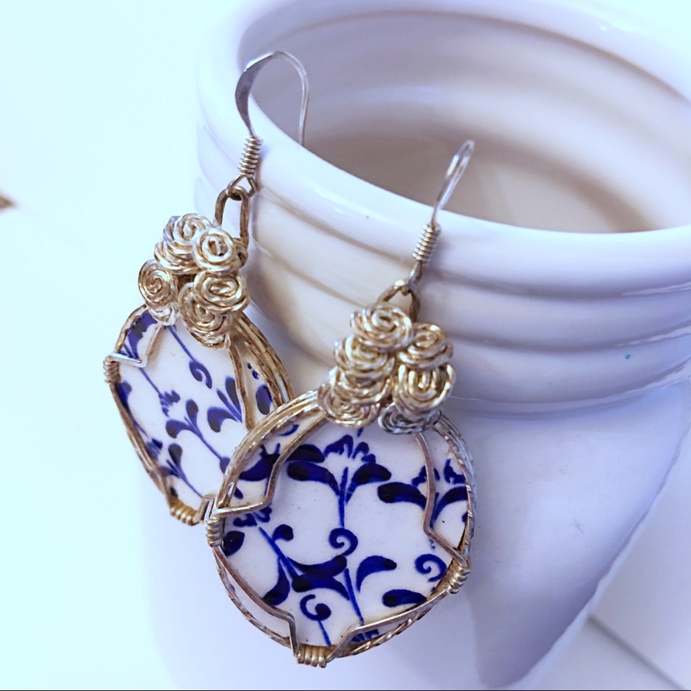Vintage silver and blue/white ceramic earrings